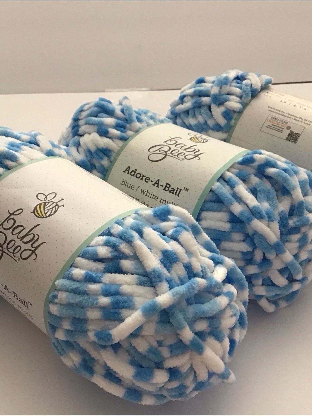 Baby Bee Adore-A-Ball Plush Yarn in Blue & White, 3 skeins bulky weight